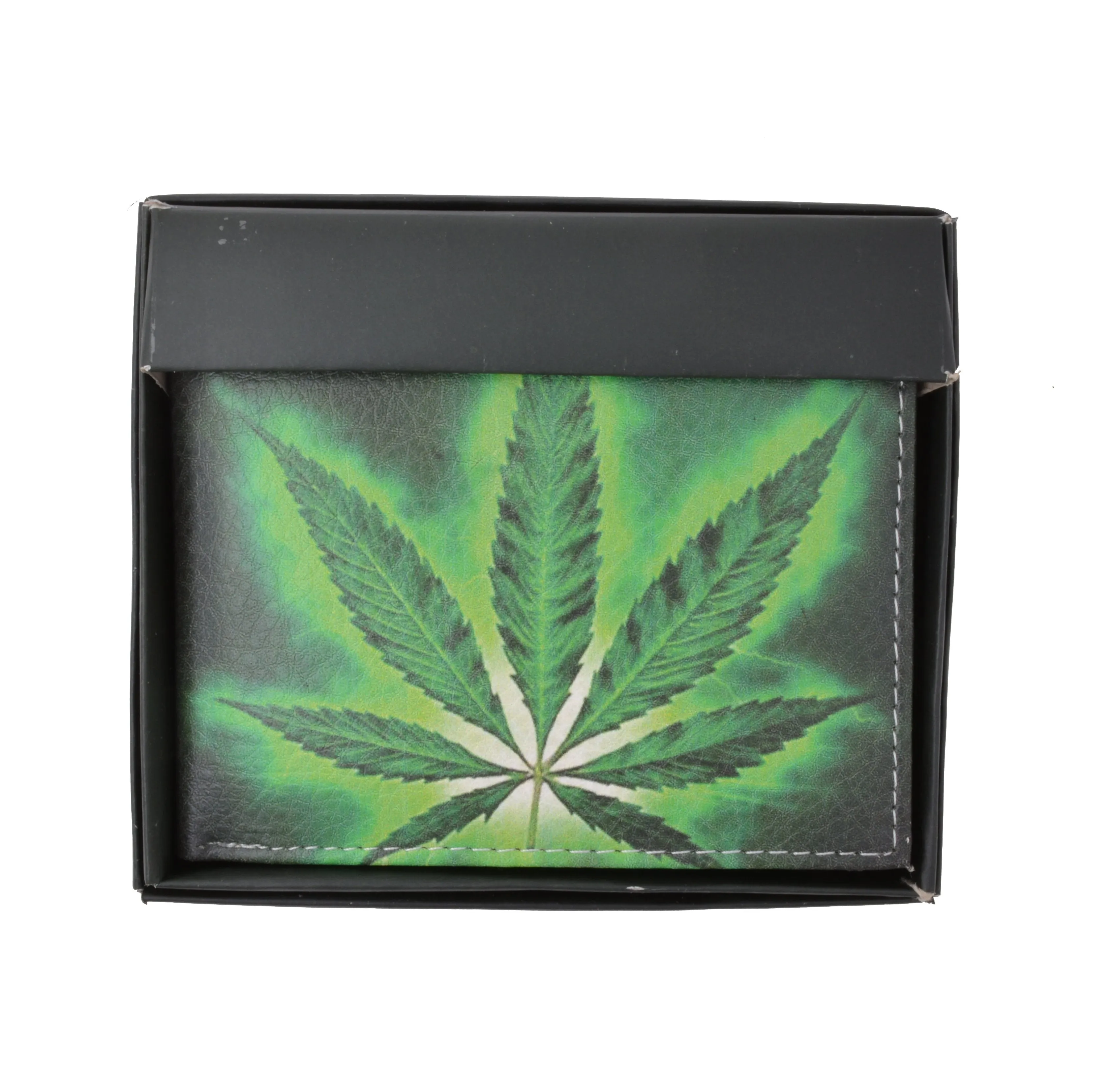 1246-19 Marijuana Leaf Men's Genuine Leather Bifold Multi Card ID Center Flap WalleT