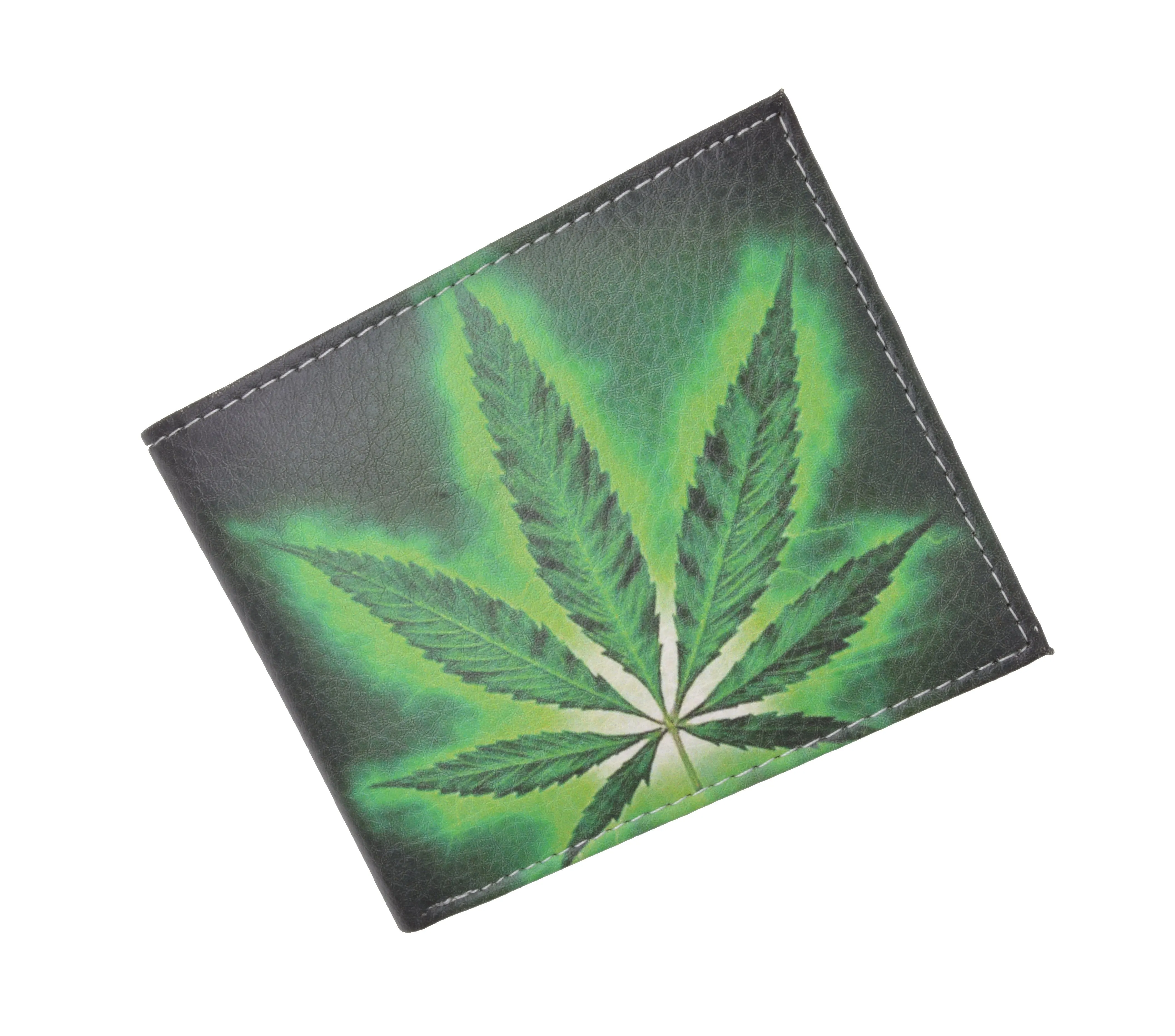 1246-19 Marijuana Leaf Men's Genuine Leather Bifold Multi Card ID Center Flap WalleT