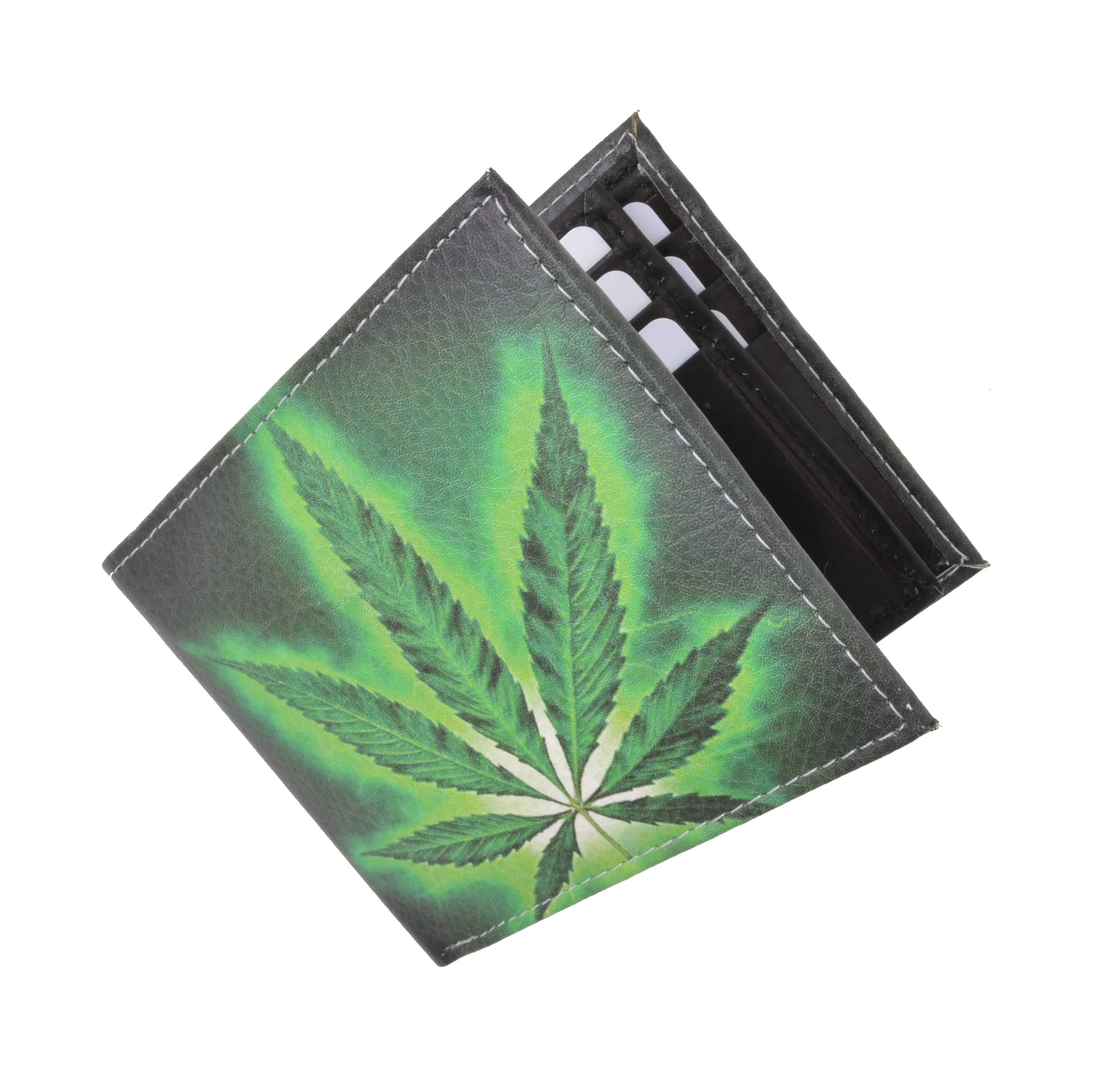 1246-19 Marijuana Leaf Men's Genuine Leather Bifold Multi Card ID Center Flap WalleT