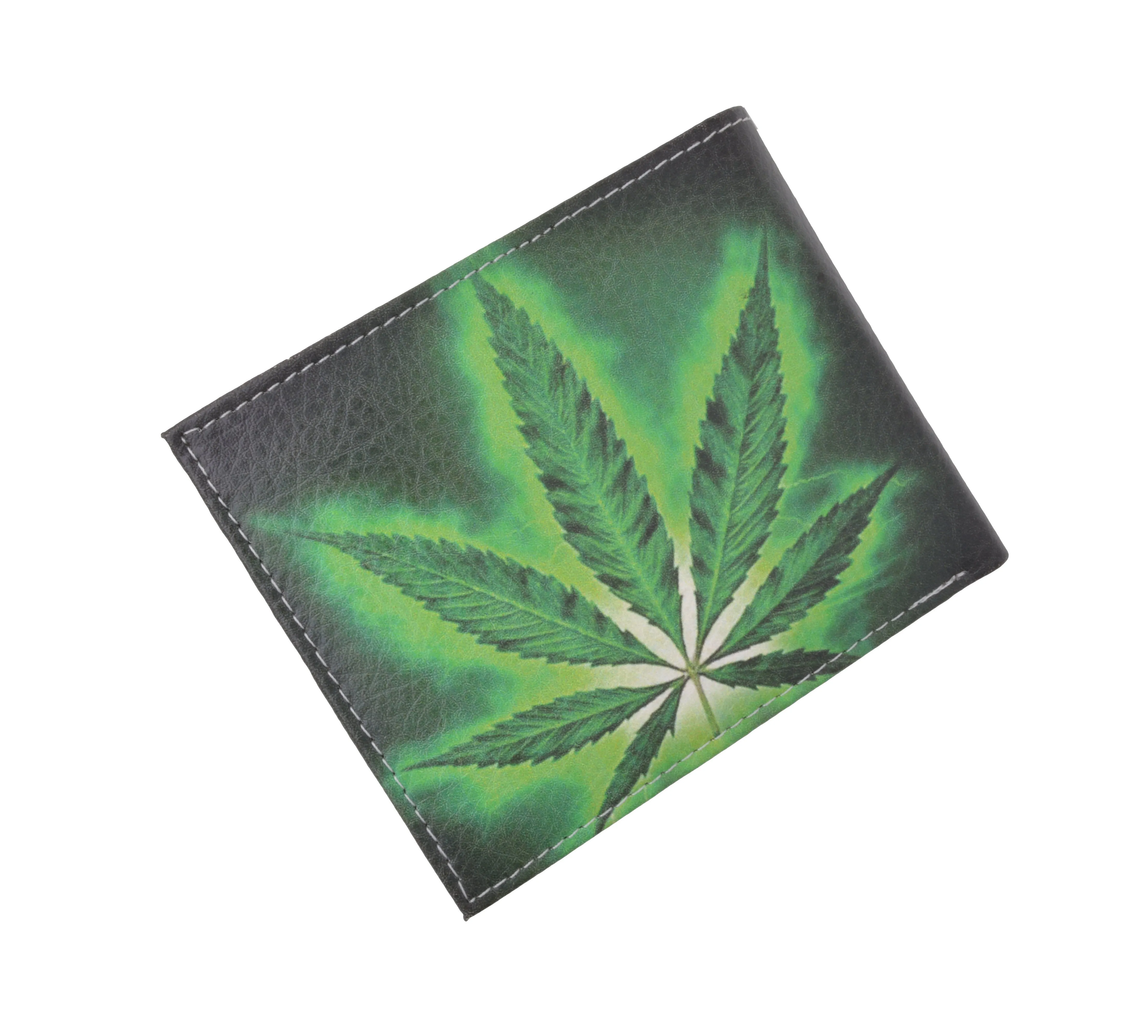 1246-19 Marijuana Leaf Men's Genuine Leather Bifold Multi Card ID Center Flap WalleT