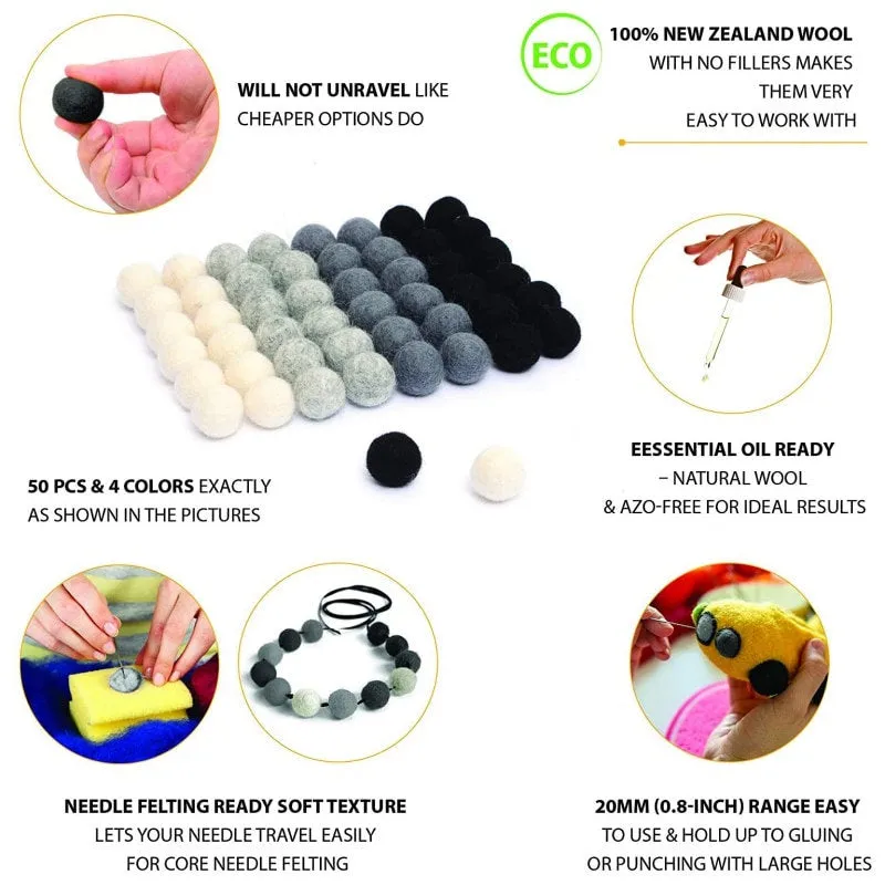 1.5 cm Wool Felt Balls: Black White Gray, Felted Balls, DIY Garland Kit, Wool Felt Balls, Felt Pom Pom, Handmade, Custom Felt Balls