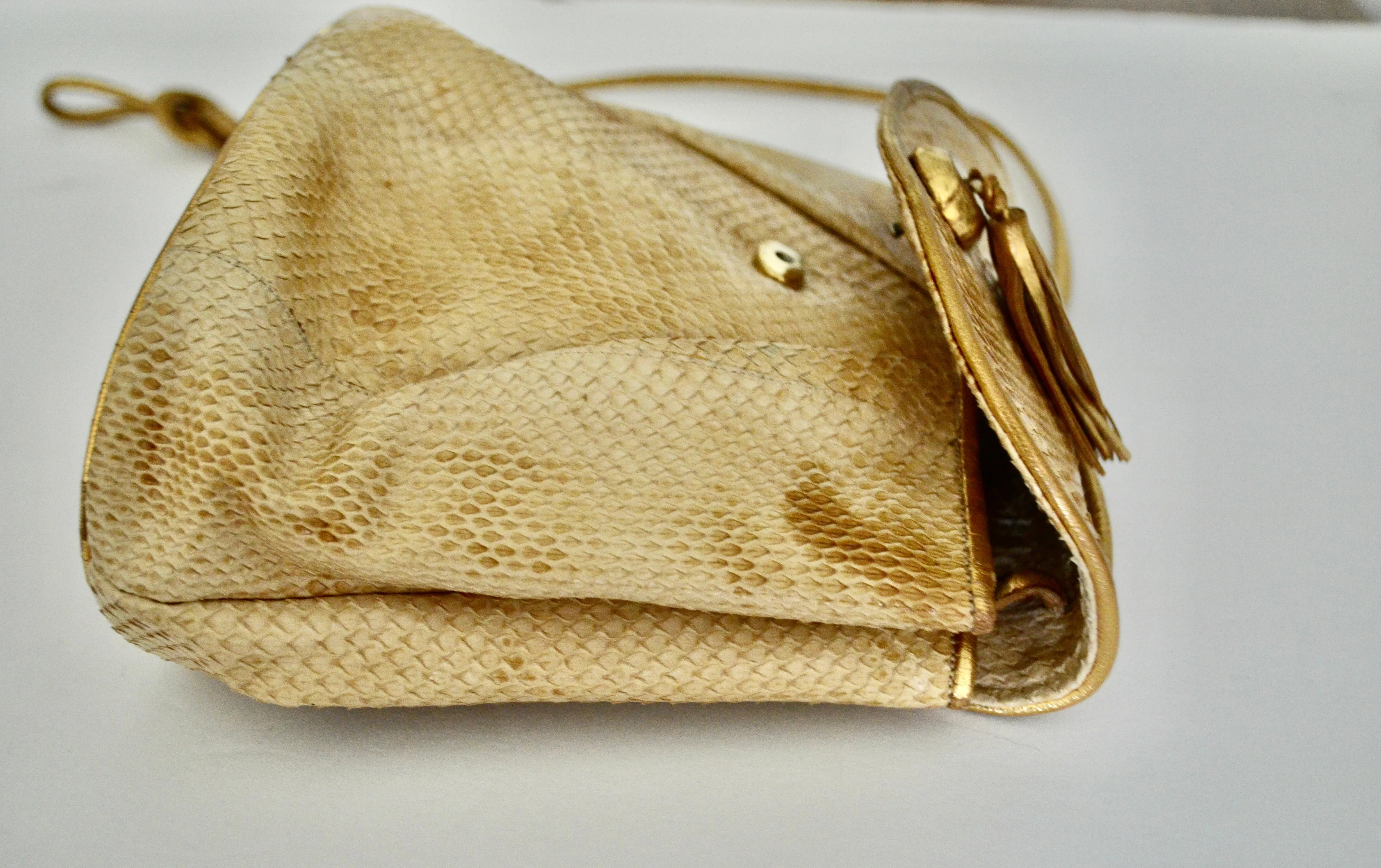 1970s Leather Snakeskin Beige Barbara Bolan Crossbody Handbag Tassel Small