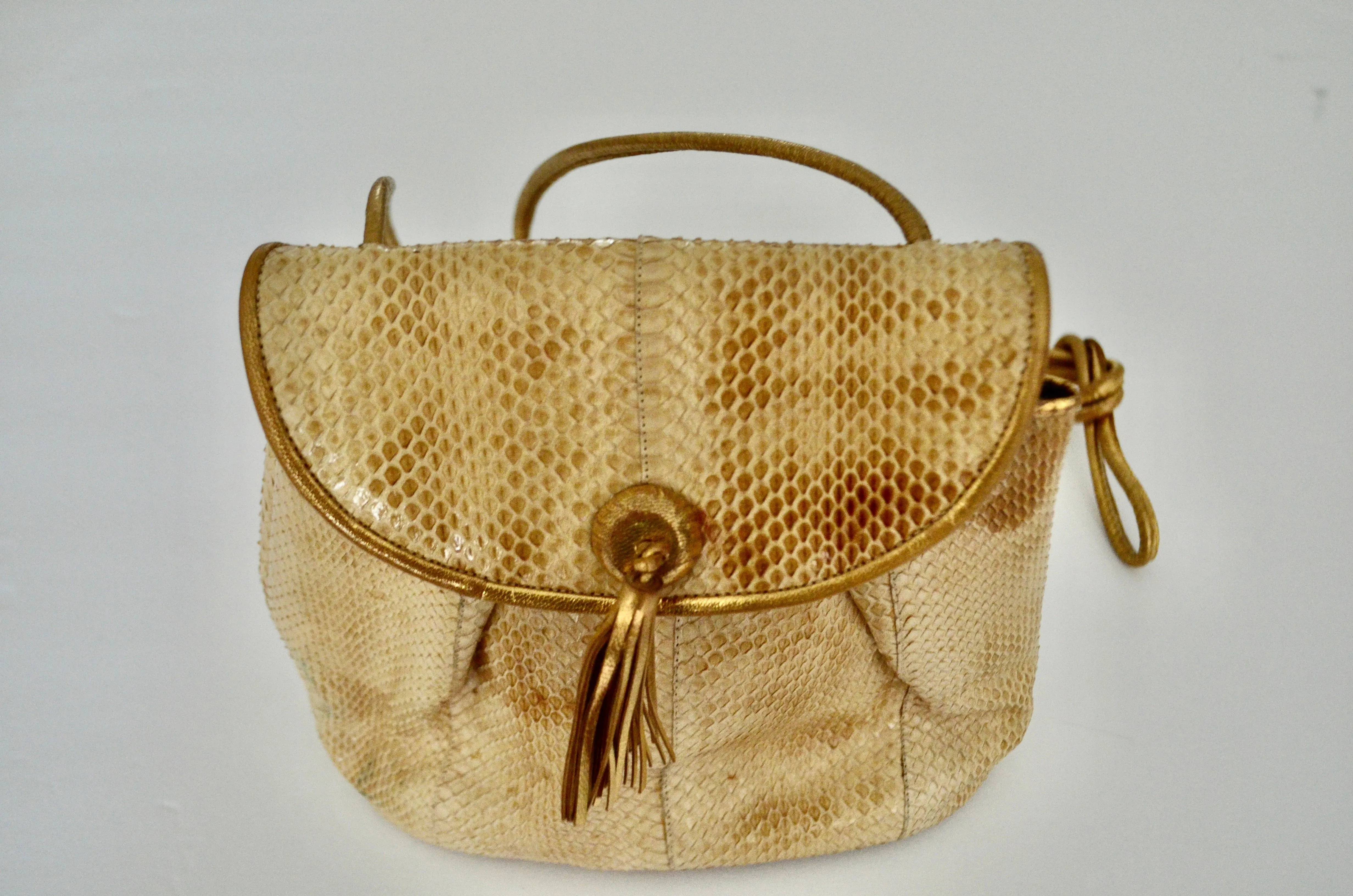 1970s Leather Snakeskin Beige Barbara Bolan Crossbody Handbag Tassel Small