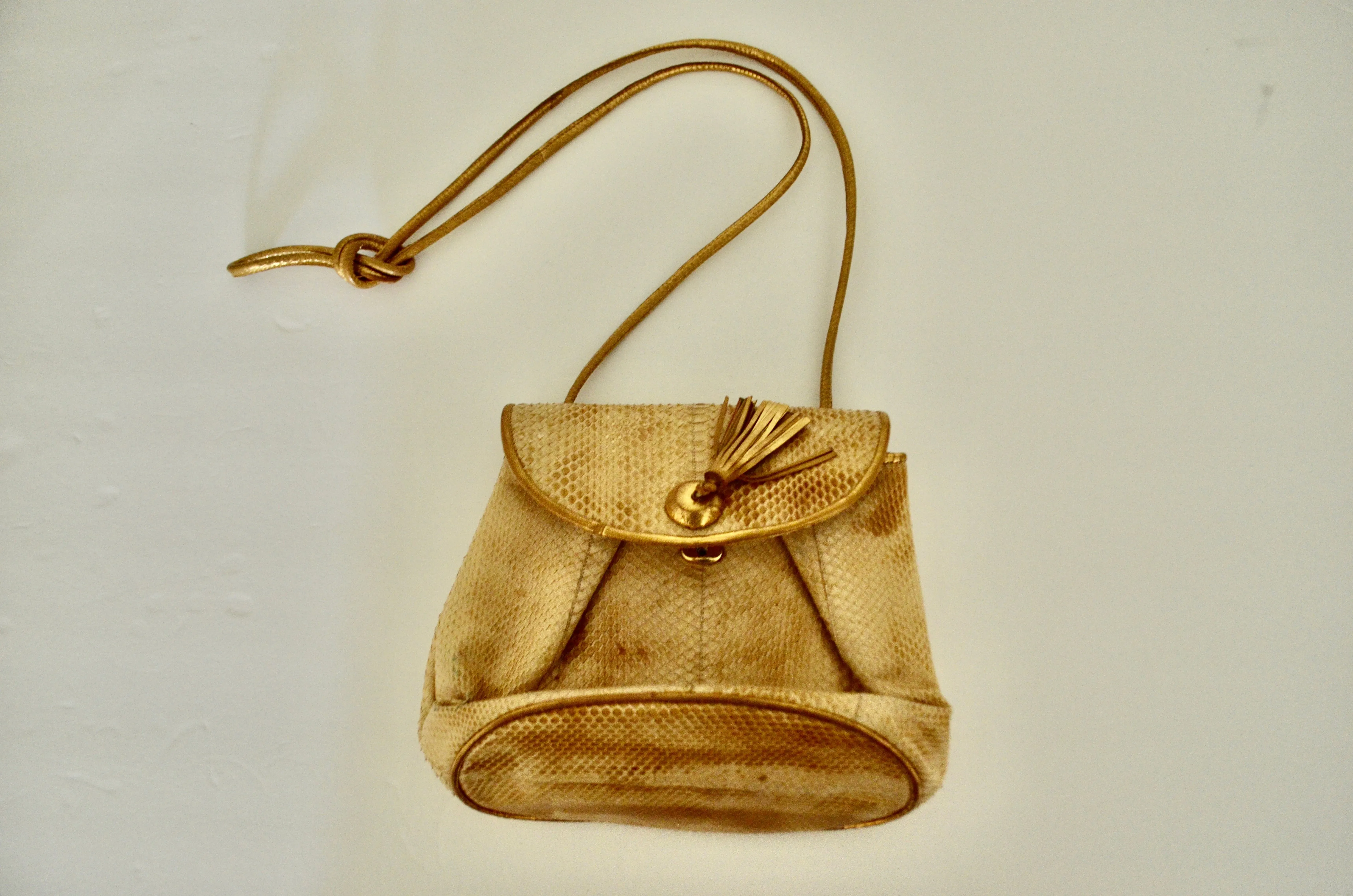 1970s Leather Snakeskin Beige Barbara Bolan Crossbody Handbag Tassel Small