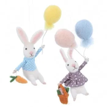 A Pair of Felt Bunnies with Balloons Easter Tree Decoration