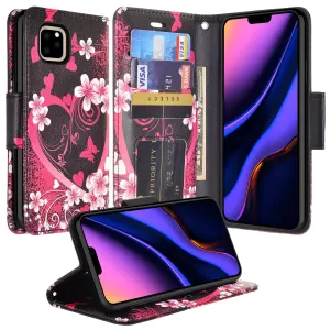 Apple iPhone 11 Pro Max Case, iPhone 11 Pro Max Wallet Case, Wrist Strap Pu Leather Wallet Case [Kickstand] with ID & Credit Card Slots - Heart Butterflies