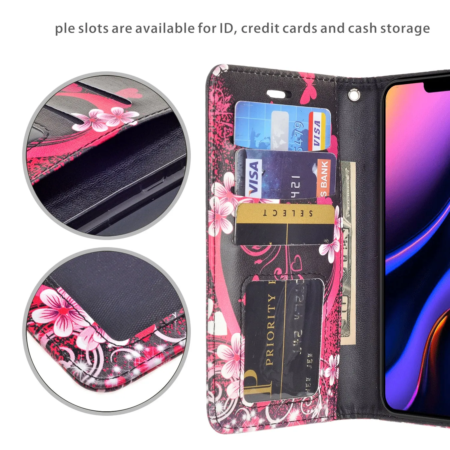 Apple iPhone 11 Pro Max Case, iPhone 11 Pro Max Wallet Case, Wrist Strap Pu Leather Wallet Case [Kickstand] with ID & Credit Card Slots - Heart Butterflies