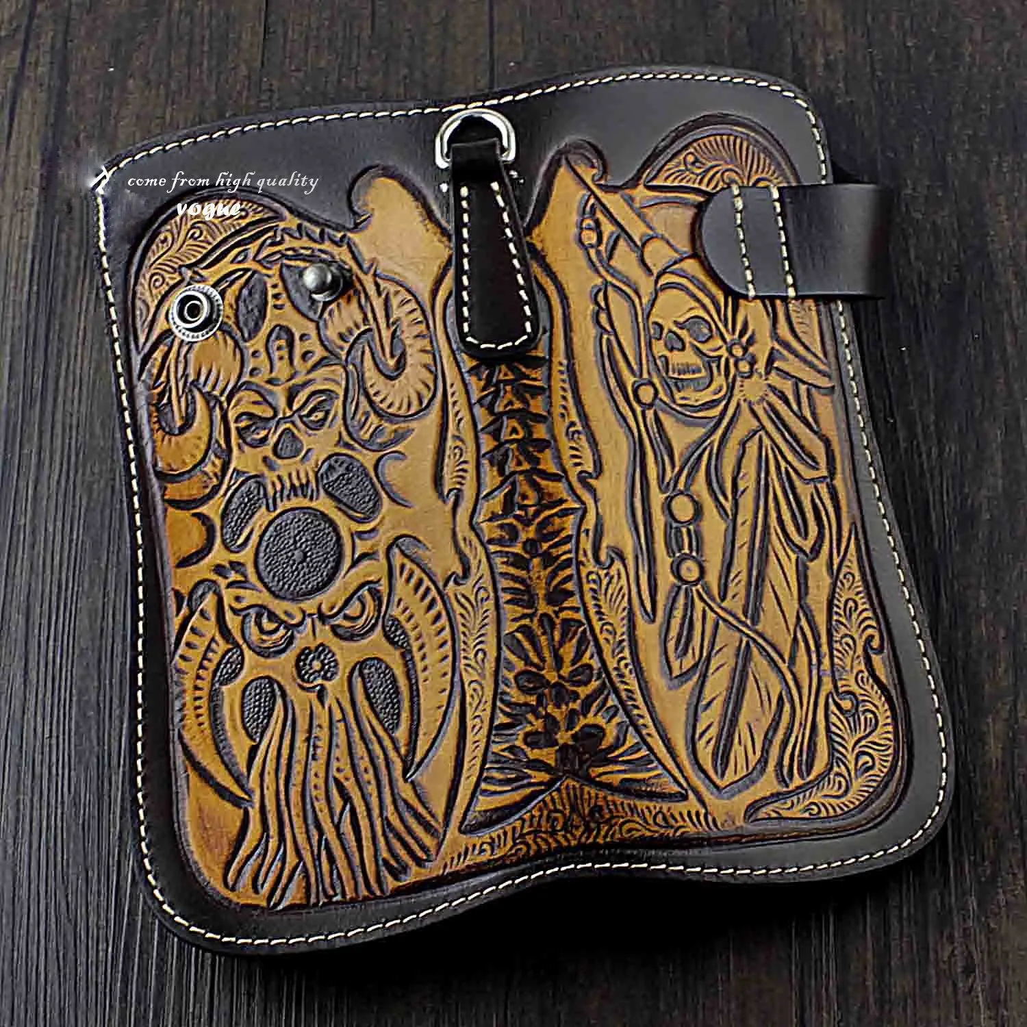 Badass Skull Leather Men's Long Wallet with Chain Biker Wallet Chain Wallet For Men