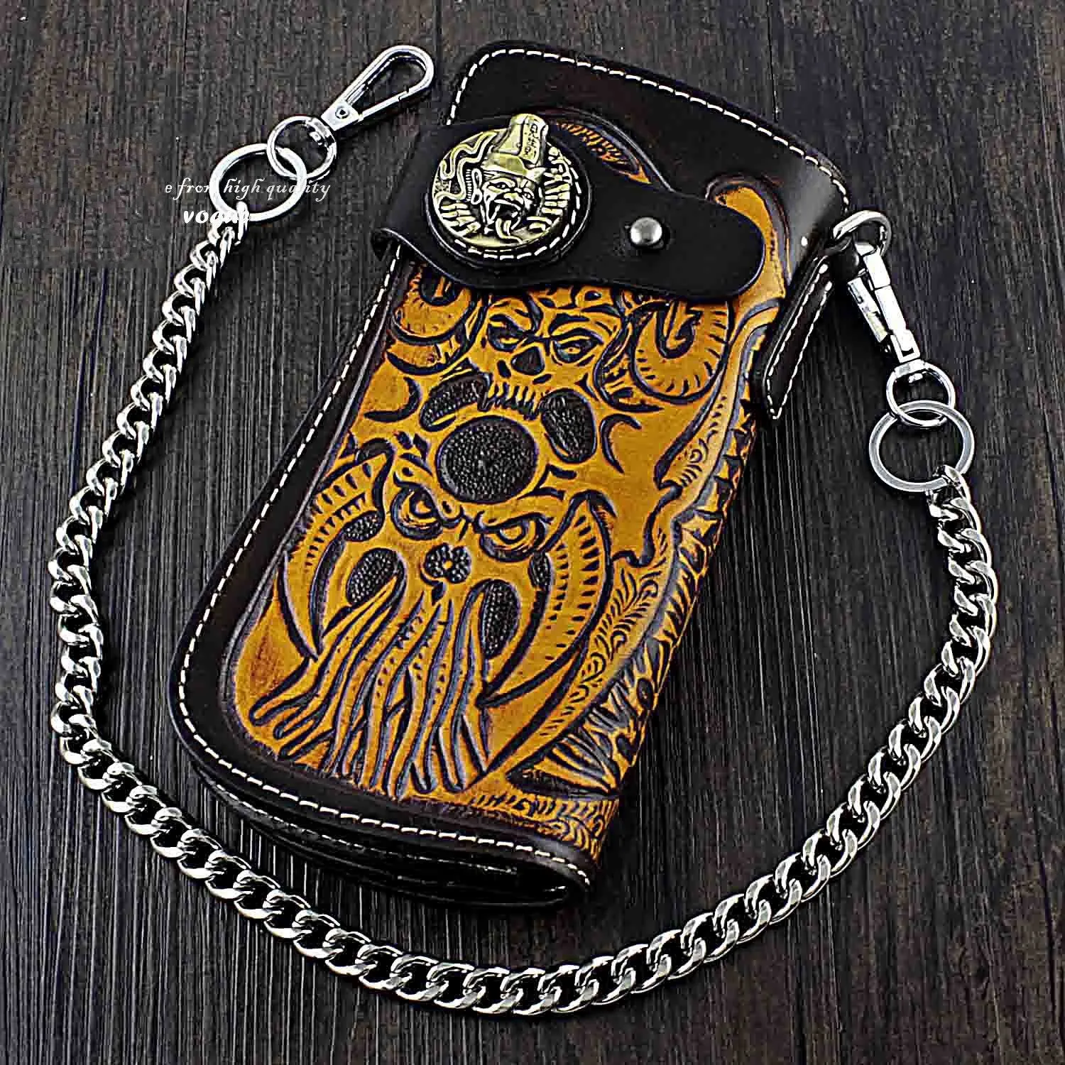 Badass Skull Leather Men's Long Wallet with Chain Biker Wallet Chain Wallet For Men