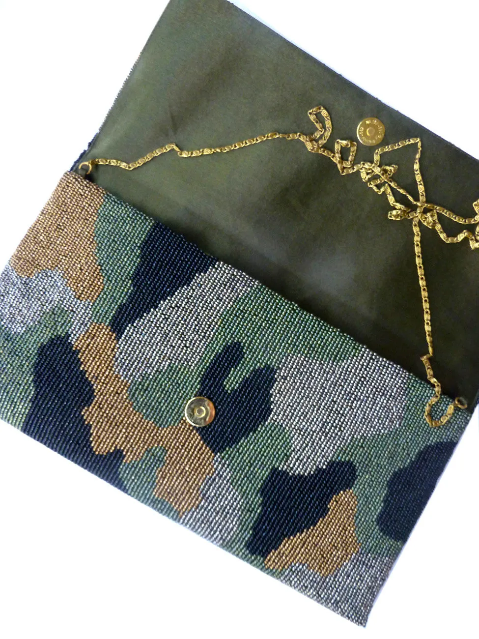 Beaded Large Envelope Clutch Bag Camouflage Gold