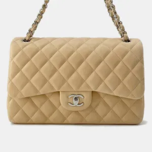 Beige Leather Jumbo Classic Double Flap Shoulder Bag