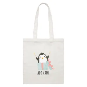 Birthday Cute Penguin Taking Fireworks In Present Box Addname White Canvas Bag