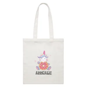 Birthday Unicorn Happy Eating Donut Addname White Canvas Bag