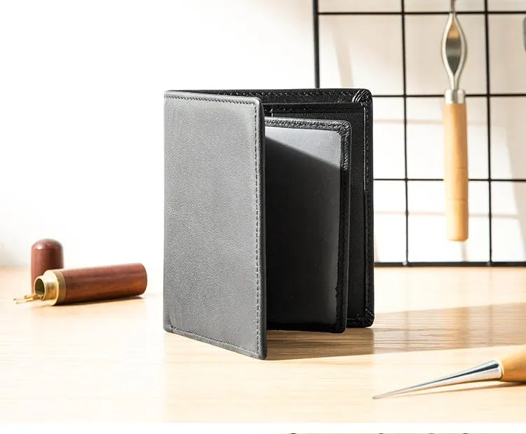 Black Cool Leather Mens Small Wallet Multicard Wallet Bifold Vintage Slim billfold Wallet for Men