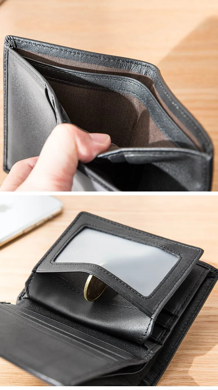 Black Cool Leather Mens Small Wallet Multicard Wallet Bifold Vintage Slim billfold Wallet for Men