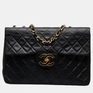 Black Leather Maxi Classic Single Flap Bag