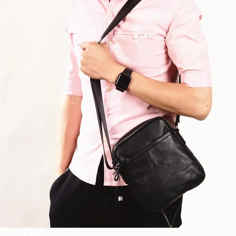 Black Leather Mens Tablet Messenger Bag Small Side Bag Black Shoulder Bag For Men