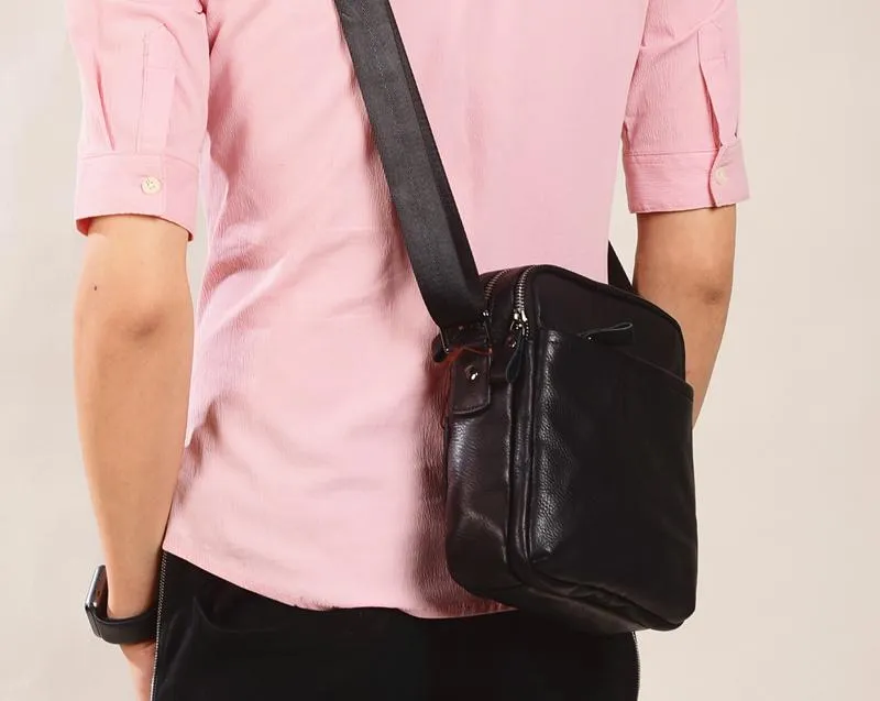 Black Leather Mens Tablet Messenger Bag Small Side Bag Black Shoulder Bag For Men