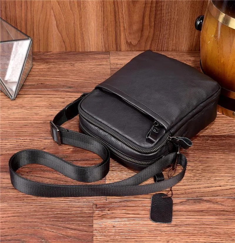 Black Leather Mens Tablet Messenger Bag Small Side Bag Black Shoulder Bag For Men