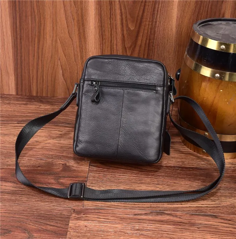 Black Leather Mens Tablet Messenger Bag Small Side Bag Black Shoulder Bag For Men