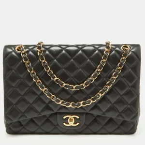 Black Quilted Leather Maxi Classic Double Flap Bag