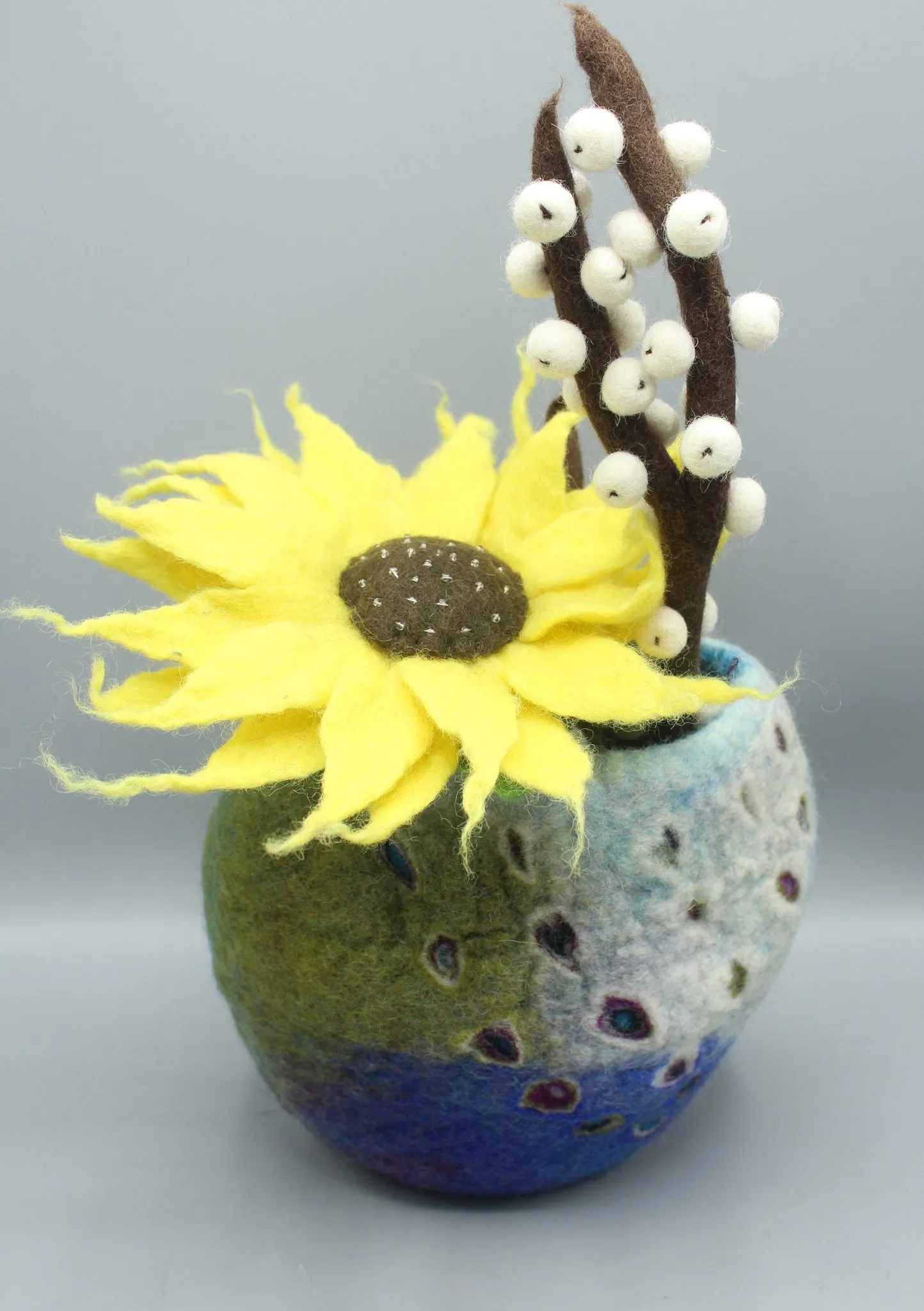 Blue, Purple, White and Green Multi color Felt Flower Vase