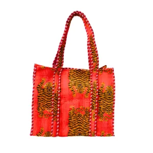 Boho Quilted Indian Block Velvet Tote Bag | Red x Orange Tiger