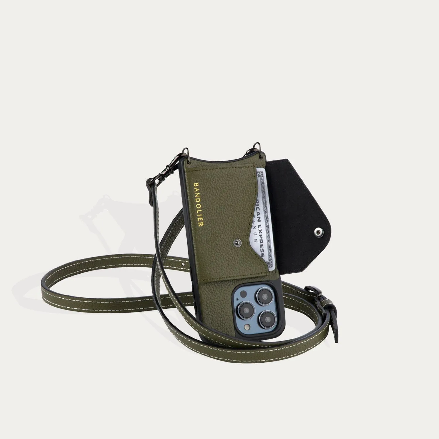 Casey Side Slot Pebble Leather Crossbody Bandolier - Army Green/Pewter