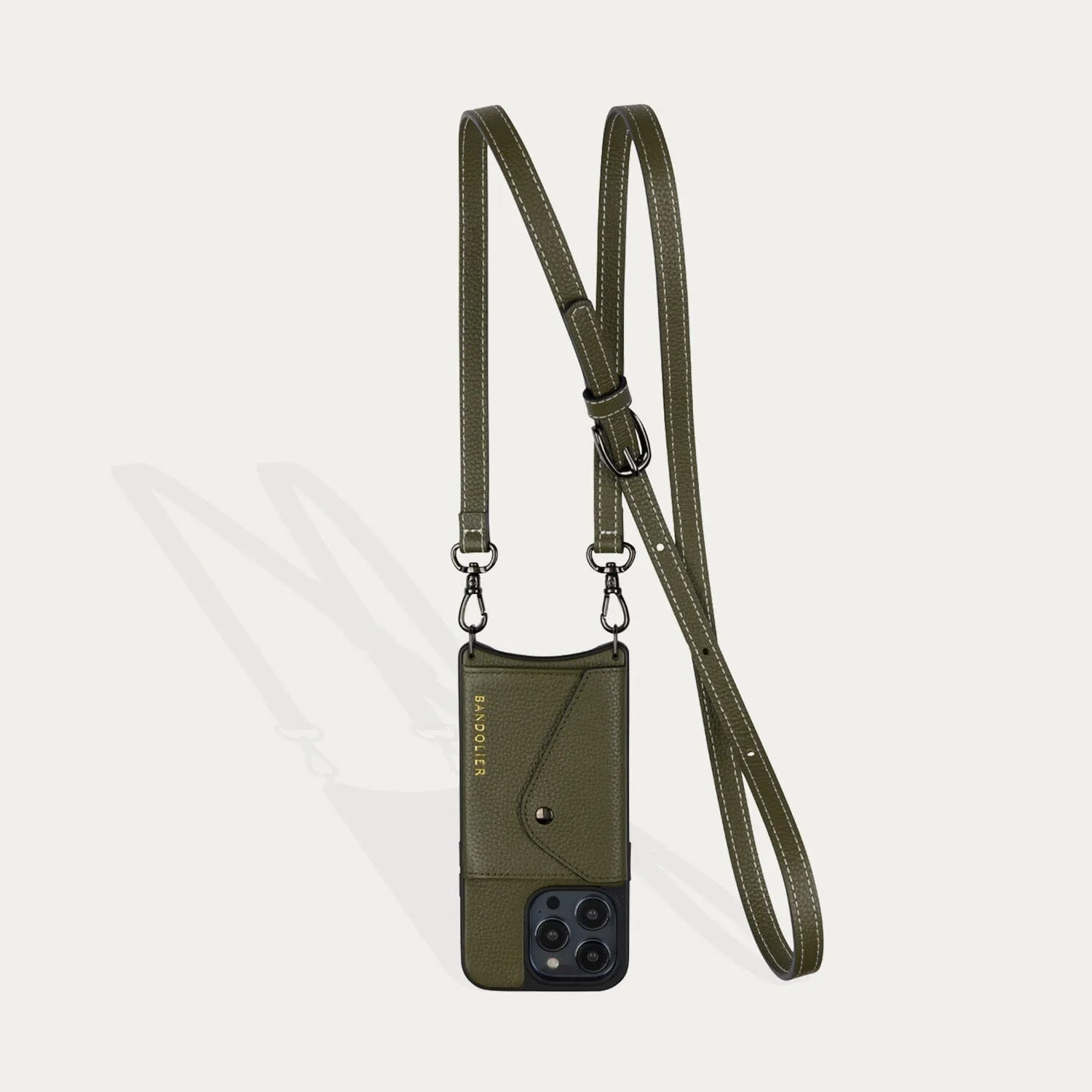 Casey Side Slot Pebble Leather Crossbody Bandolier - Army Green/Pewter