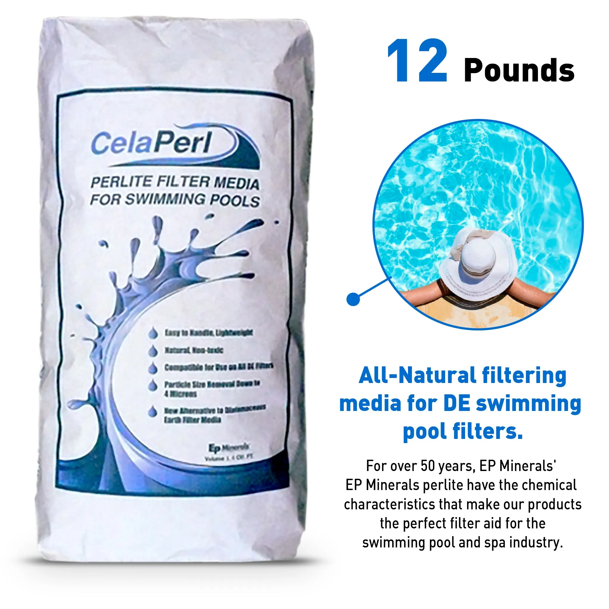 CelaPerl Perlite Pool Filter Aid – Diatomaceous Earth Alternative - Swimming Pool & Spa Filtration – 12 Pounds = 24 Pounds DE