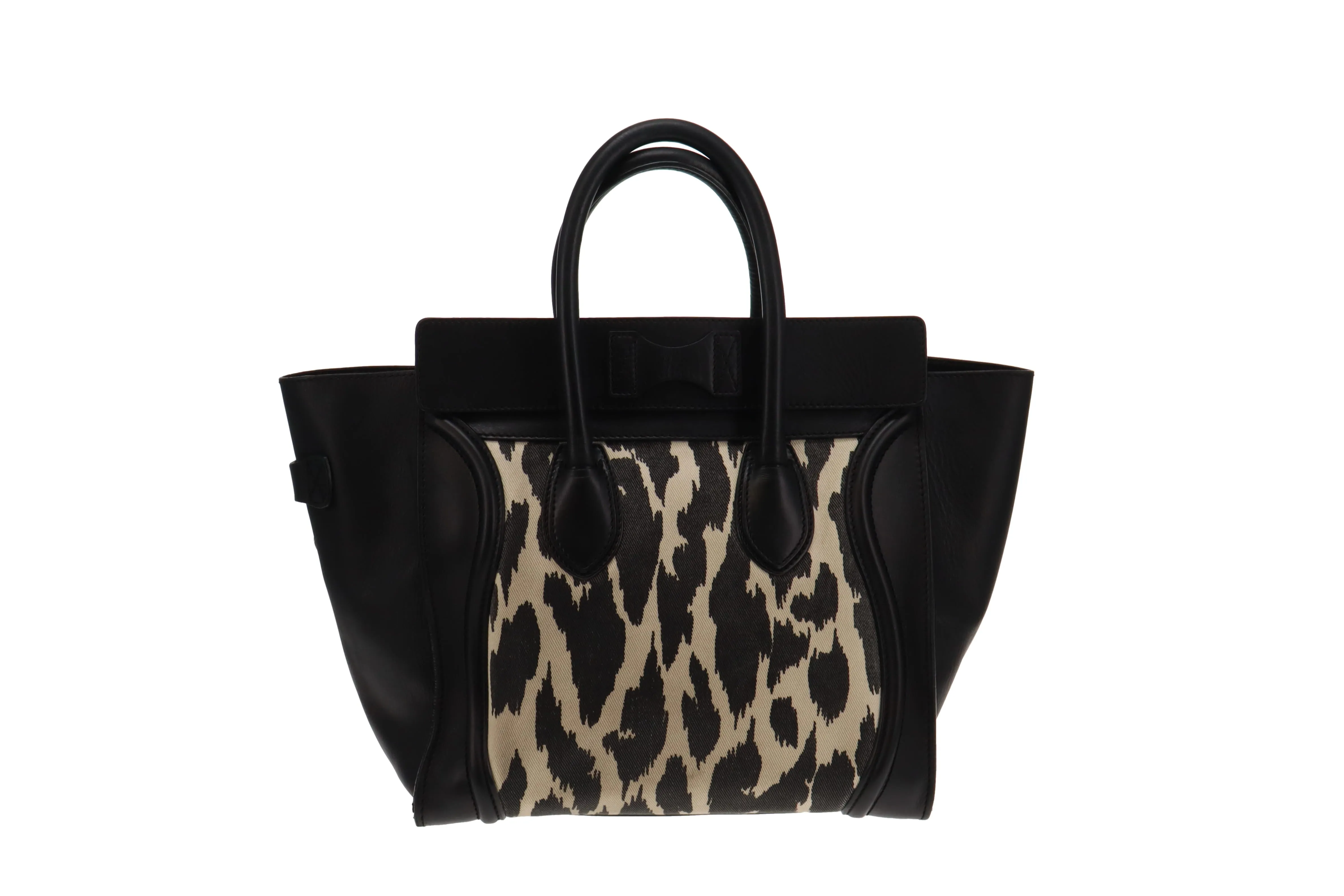 Celine Mini Luggage Tote Black Leather & Animal Print Canvas Panel