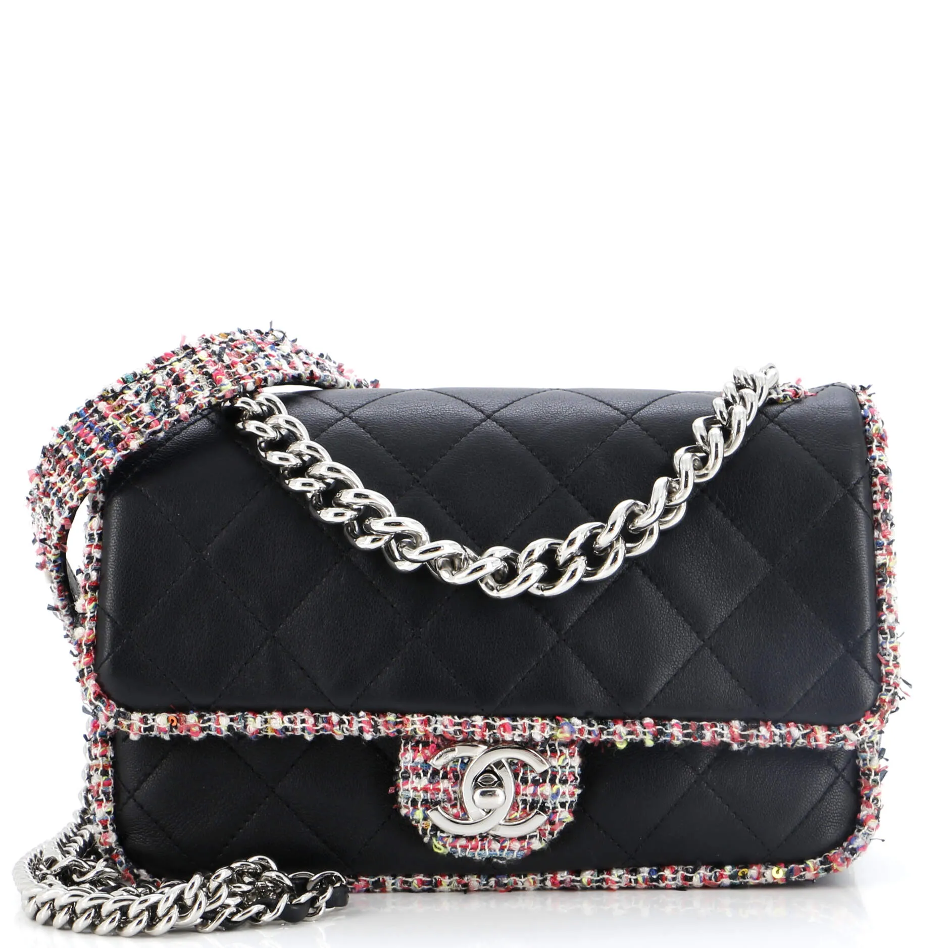 CHANEL Elegant Trim Single Flap Bag Quilted Lambskin with Tweed