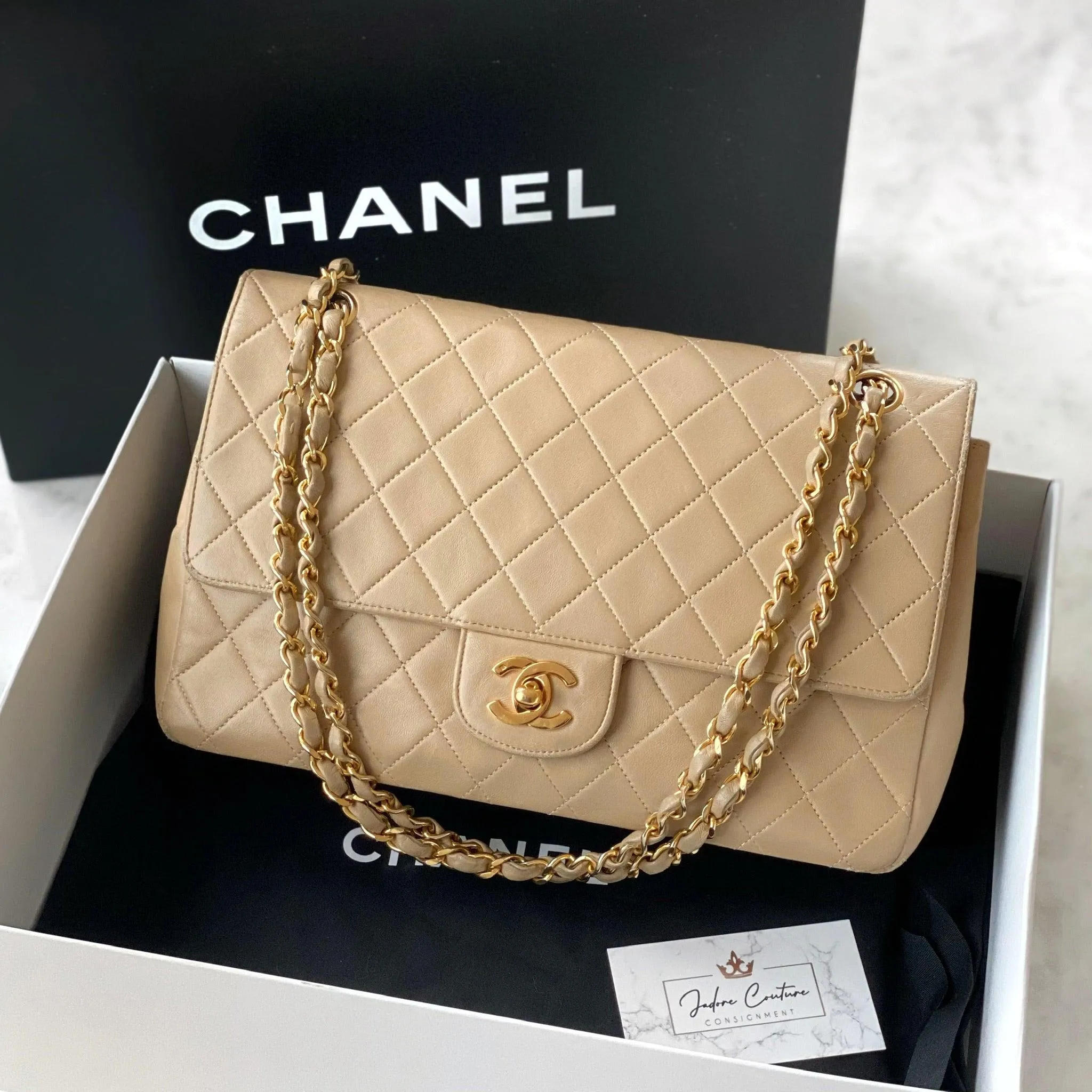 Chanel Vintage Beige Lambskin Medium Flap