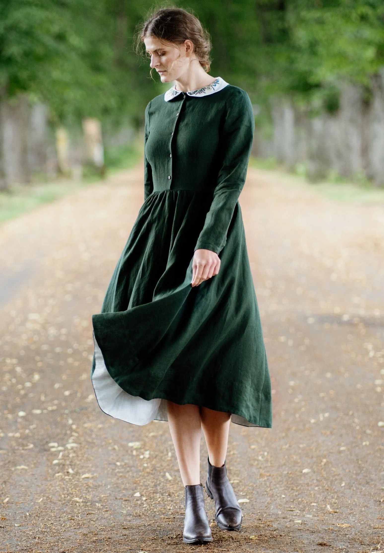 Classic Dress with Embroidered Meadow Collar, Long Sleeve