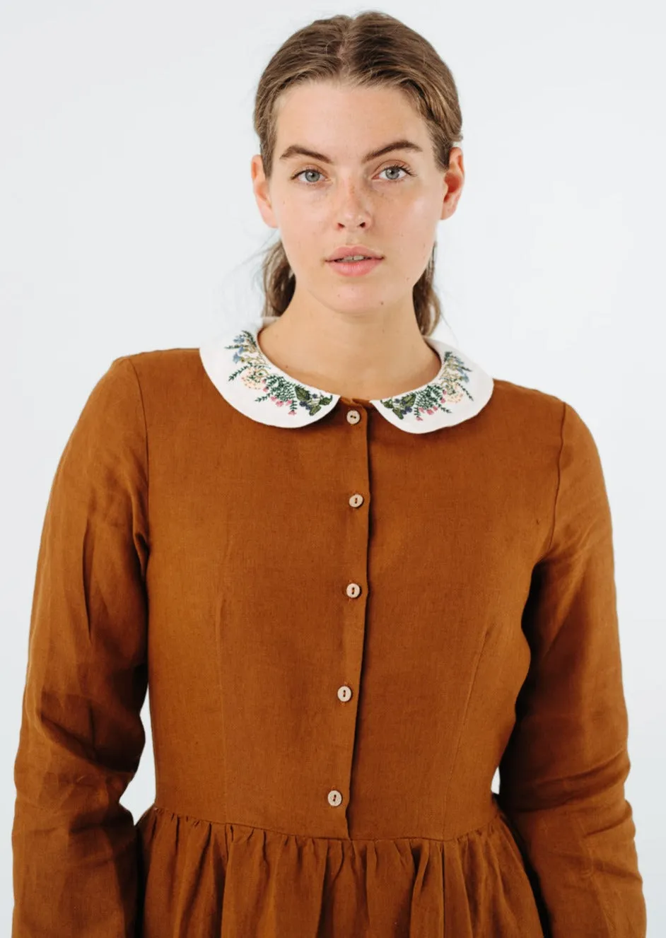 Classic Dress with Embroidered Meadow Collar, Long Sleeve