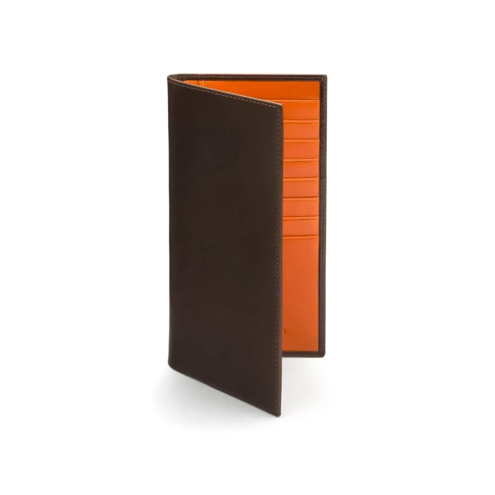 Classic Tall Leather Wallet With 8 Card Slots - Brown With Orange