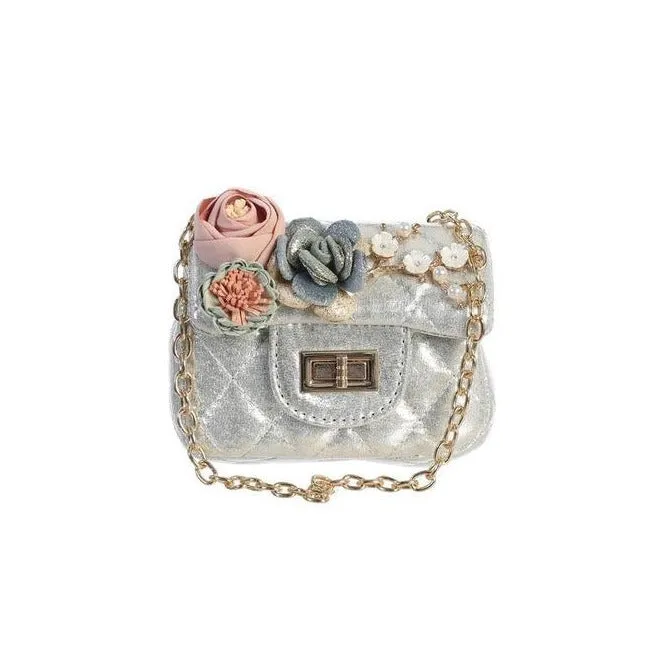 Dear Ellie Mini Metallic Handbag with Flowers - Silver