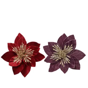 Decoris Clip-On Polyester Velvet Poinsettia with Sparkle Centre 29cm - 2 Assorted Colours