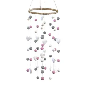 Felt Ball & Heart Nursery Mobile- Light Pink, Gray- LARGE