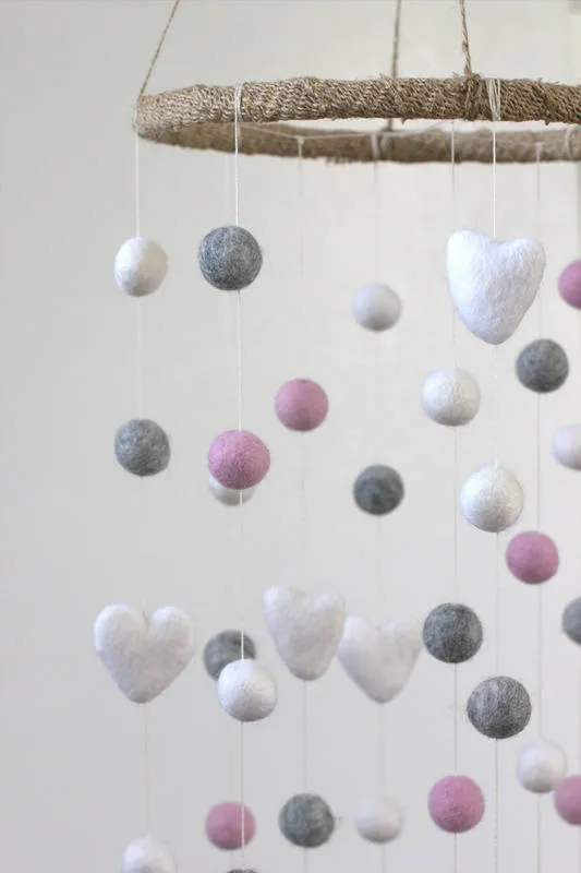 Felt Ball & Heart Nursery Mobile- Light Pink, Gray- LARGE