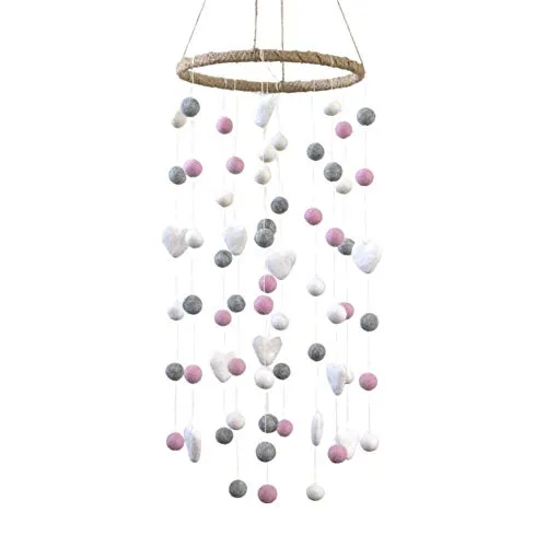 Felt Ball & Heart Nursery Mobile- Light Pink, Gray- LARGE