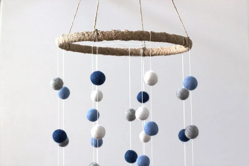 Felt Ball Nursery Mobile- Marine, Baby Blue, Gray, White- LARGE