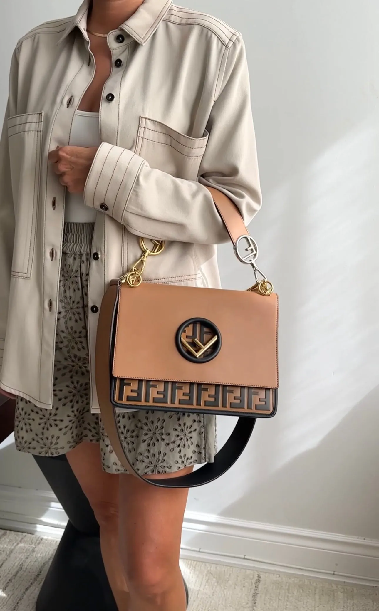 Fendi Black and Tan Embossed Leather Century F is Fendi Kan I Bag