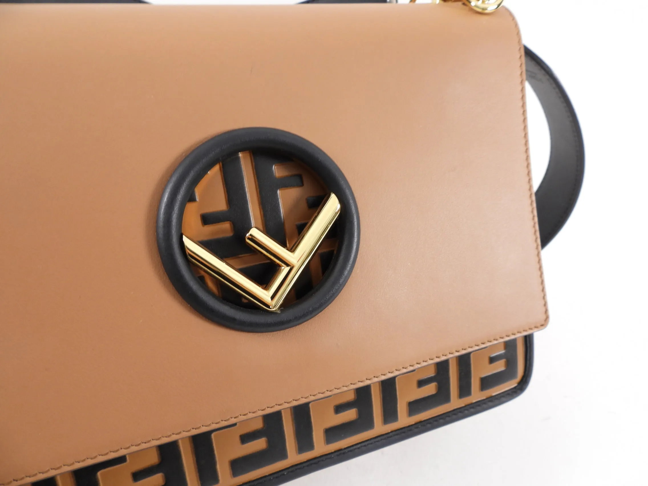 Fendi Black and Tan Embossed Leather Century F is Fendi Kan I Bag