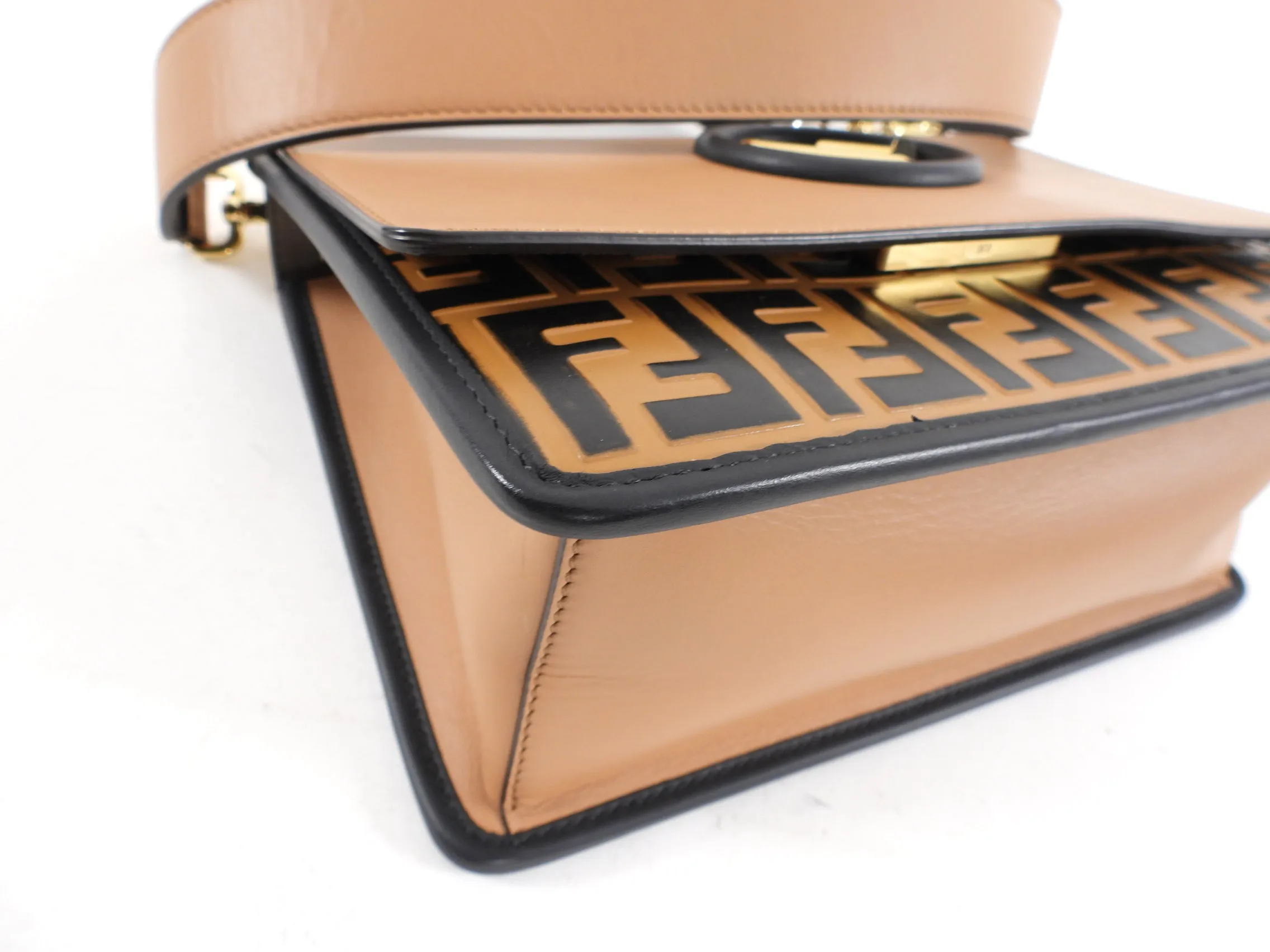 Fendi Black and Tan Embossed Leather Century F is Fendi Kan I Bag