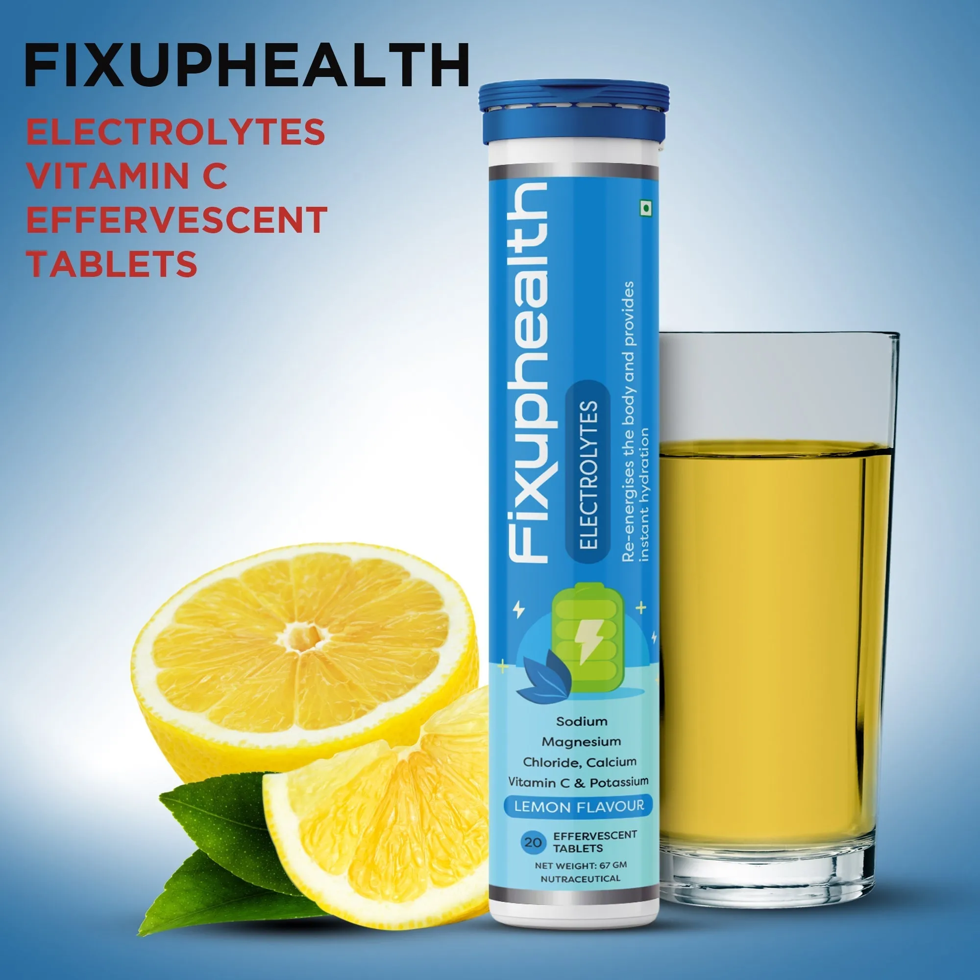 Fixuphealth Electrolytes Tablets Containing Sodium Magnesium, Calcium Chloride and Vitamin C Effervescent Tablets Lemon Flavour Pack of 3 20 tablets each pack Useful for Great source of minerals