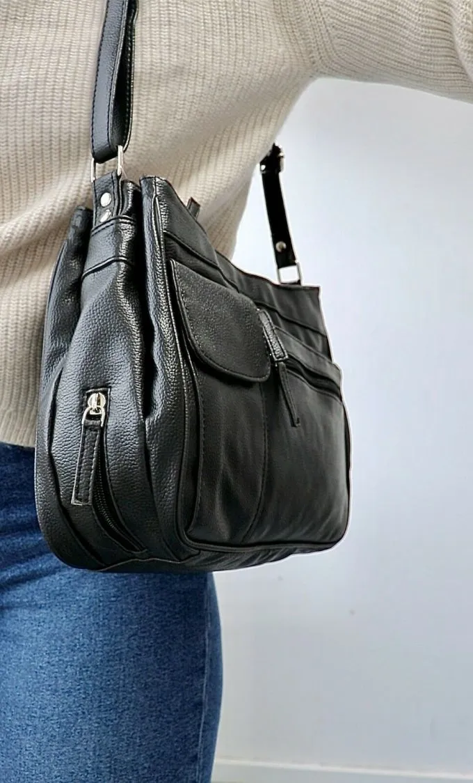 Florentino Multi Compartment Handbag with Adjustable Shoulder Strap. In Black, Navy, Taupe and Bone. Style No: 3265