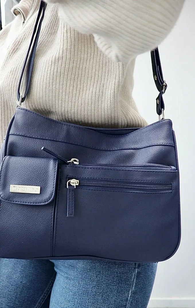 Florentino Multi Compartment Handbag with Adjustable Shoulder Strap. In Black, Navy, Taupe and Bone. Style No: 3265