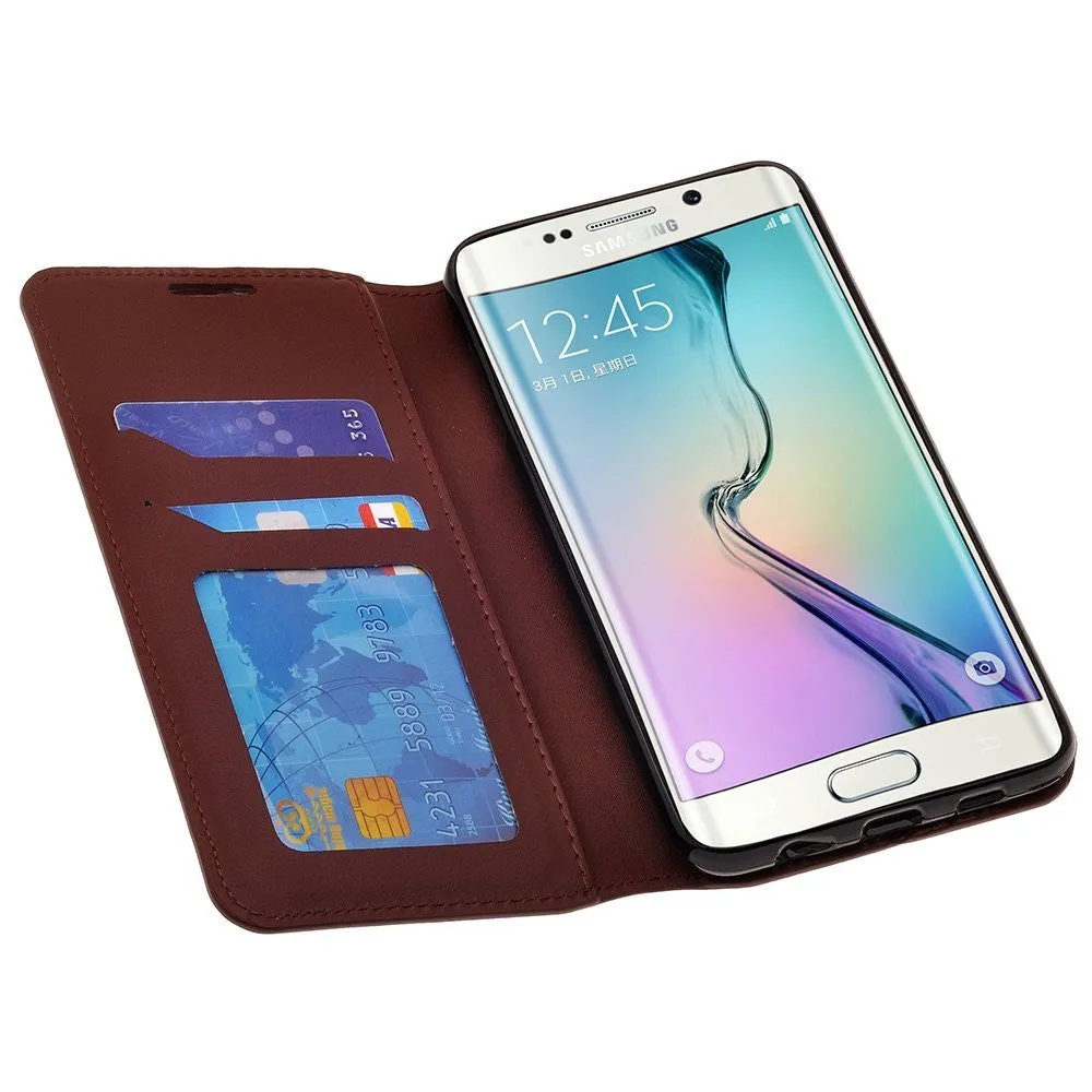 Galaxy Note 5 Case, Genuine Authentic Leather Magnetic Flip Fold[Kickstand] Wallet Case with ID & Credit Card Slots for Samsung Galaxy Note 5 - Brown