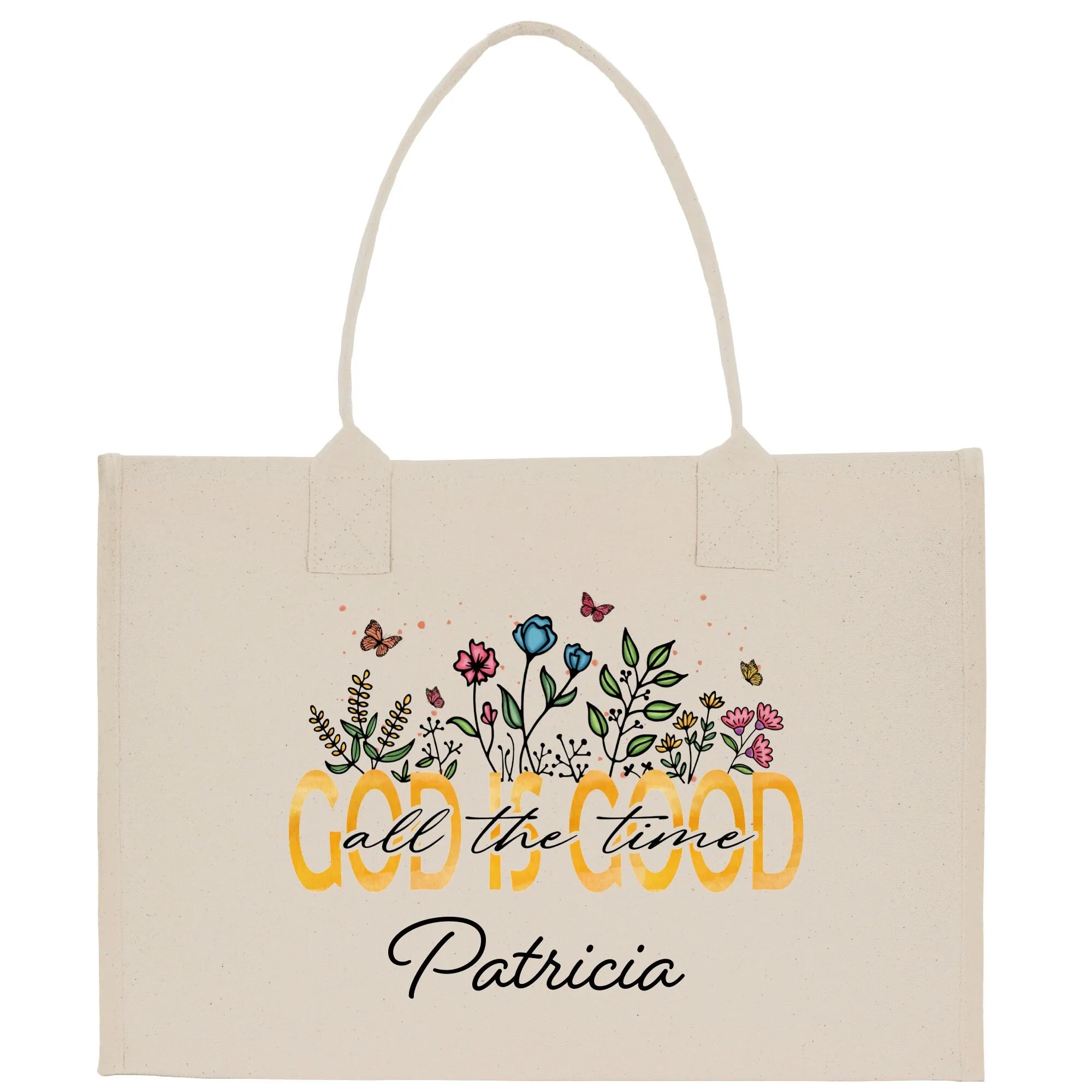 God Is Good with Flower Personalized Name Cotton Canvas Religious Tote Bag for Women Religious Gifts Bible Verse Gift Church Tote Bag